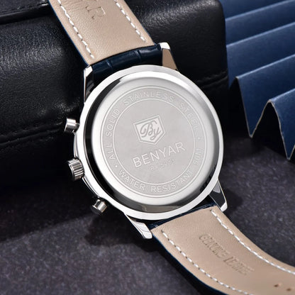 Relógio de luxo para homem Benyar – Cronógrafo com data, bracelete em pele, estanque, luminescente, estilo desportivo e militar, relógio de quartzo