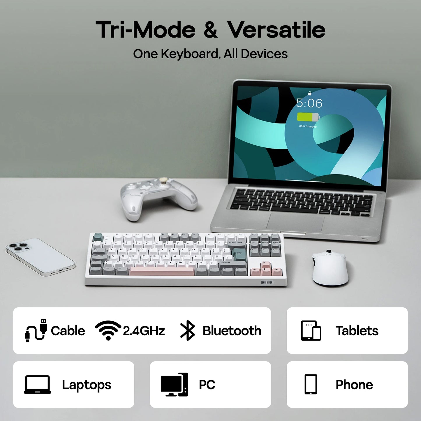 Layout ISO-UK EPOMAKER TH87 TKL Tastiera meccanica cablata/BT/wireless 2.4Ghz NKRO con batteria 10000mAh e illuminazione RGB