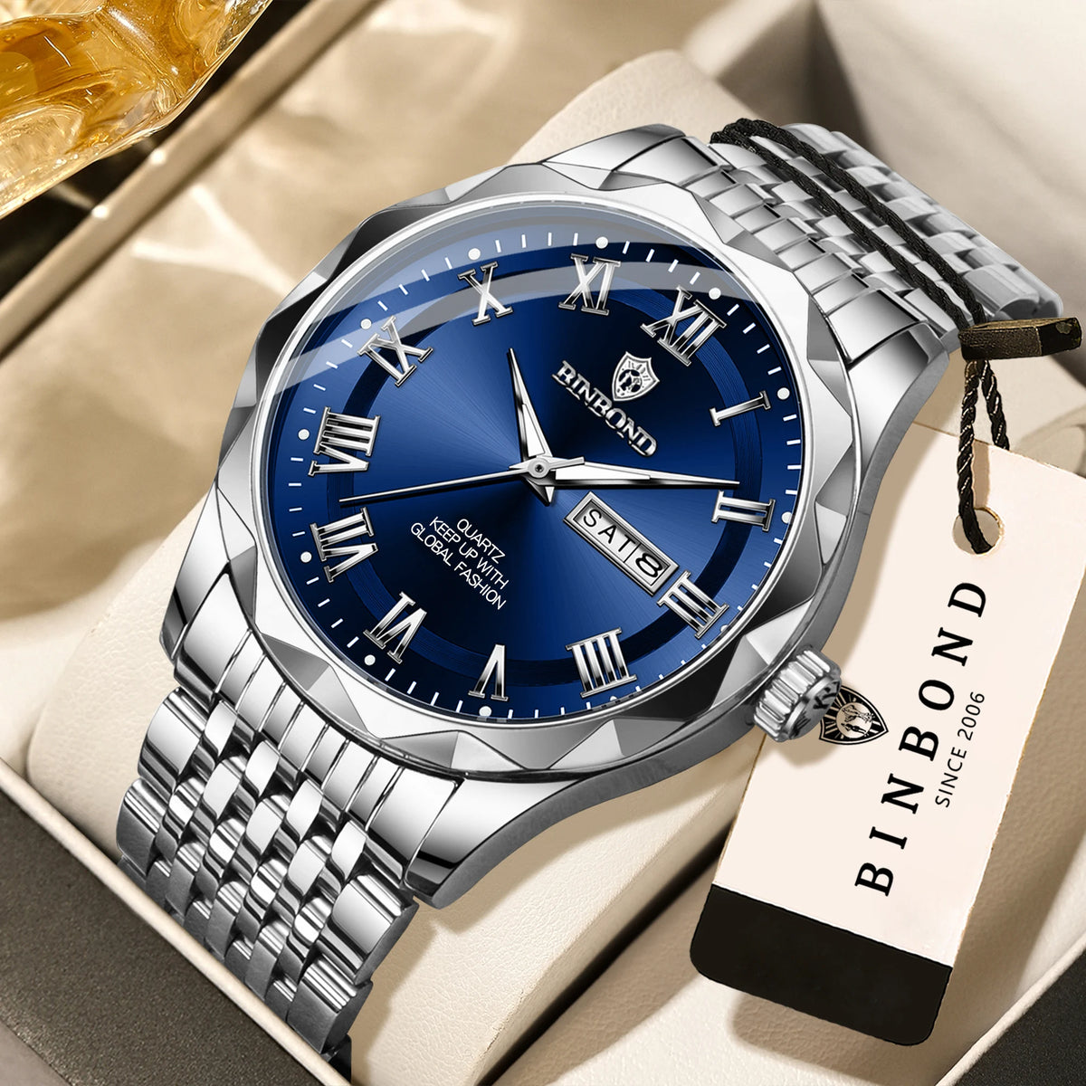 Orologio da polso di lusso al quarzo BINBOND Original Brand da uomo, luminescente, impermeabile, data automatica, indicazione del giorno della settimana, stile casual.