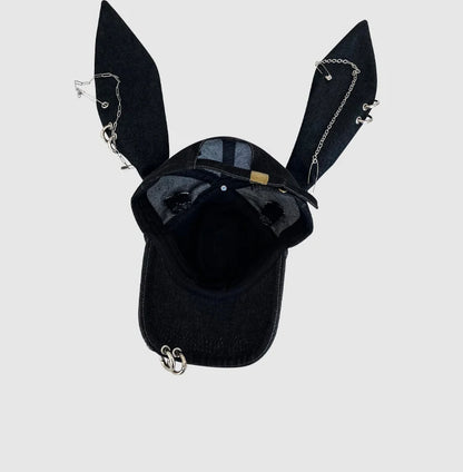 Niche Y2k Rabbit Ears Denim Ripped Baseball Cap Men and Women Dark Personality Metal Ring Street Trend Adjustable Sports Hat