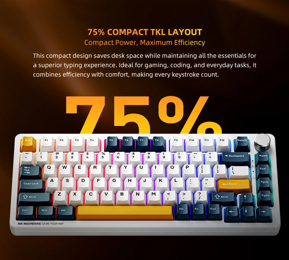 Teclado mecánico Machenike K600-B82W Tri-Modos con montaje gasket, diseño ANSI 75%, retroiluminación RGB y conexión inalámbrica para gaming