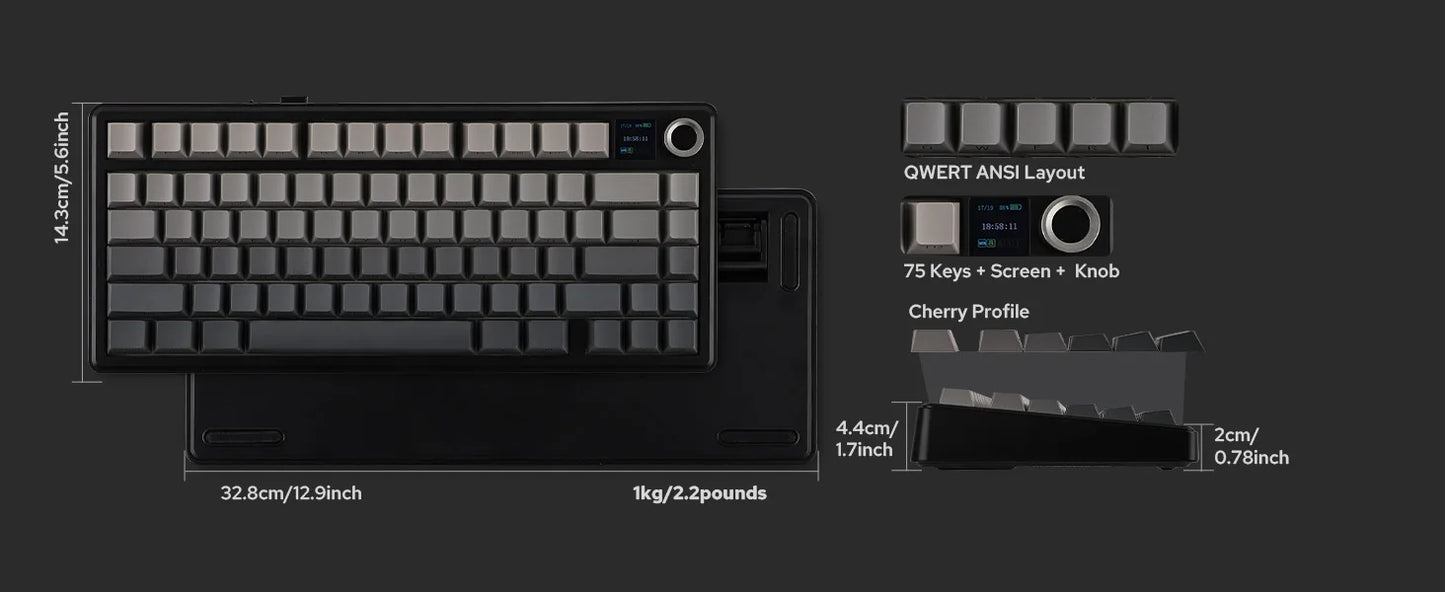 Teclado mecánico inalámbrico EPOMAKER X AULA F75 MAX compacto 75% con distribución ANSI, conexión por cable/Bluetooth/2.4GHz, pantalla TFT y perilla