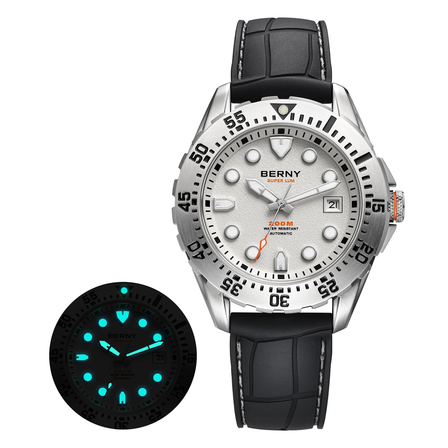 BERNY Automatic Diver Watch for Men Frosted Dial MIYOTA 8215 316L Supper Luminous Sapphire AR Fluororubber Men's Diving Watches