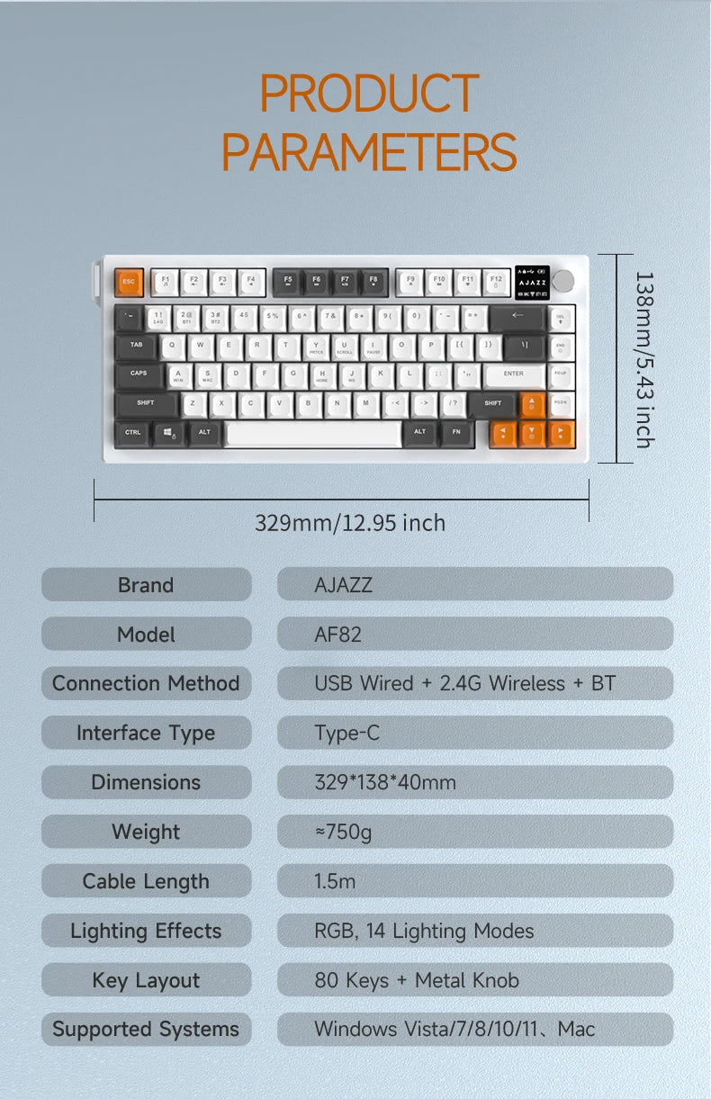Tastiera AJAZZ AF82 Office a basso profilo RGB cablata/wireless gaming, layout 75% 82 tasti, batteria 4000mAh per Win/Mac