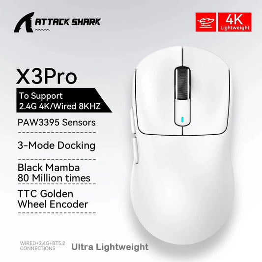 ATTACK SHARK X3/X3PRO 4K/8K trådløs gamingmus, 26K DPI, tri-mode (kablet/2.4GHz/BT5.2), letvægtsdesign, PAW3395-sensor til gamere