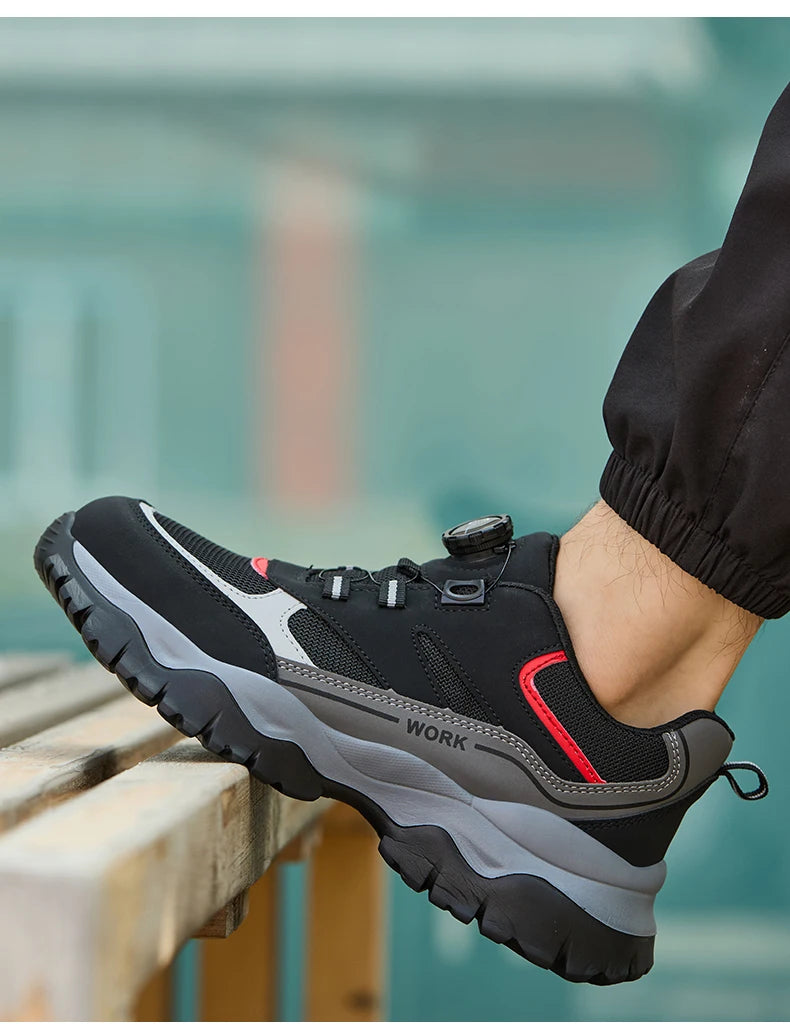 Chaussures de travail pour hommes, bottes de sécurité à bout en acier, chaussures Anti-écrasement, baskets légères et respirantes noires à bouton rotatif