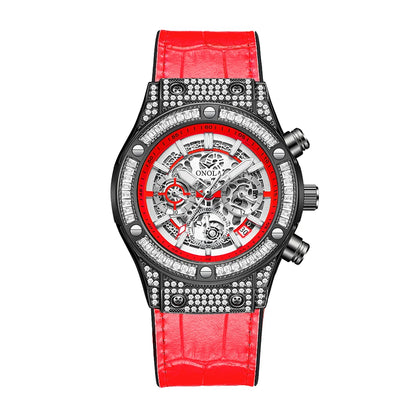 ONOLA Luxury Style Diamond Inlaid Men Quartz Watch Leather Strap Calendar Men Watch 30M Waterproof Men Clock