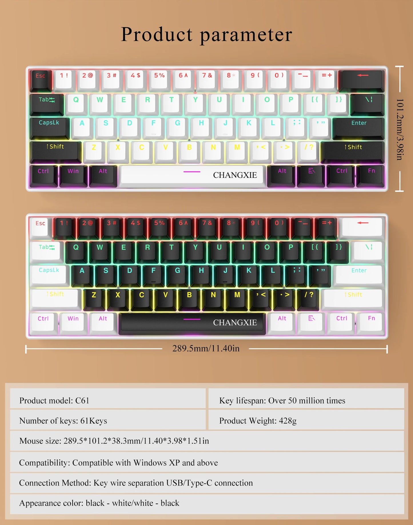 60% Compact Wired Mechanical Keyboard 61 Keys RGB Backlight Red Switch Ergonomic Small Portable for Office Computer Windows Tabl