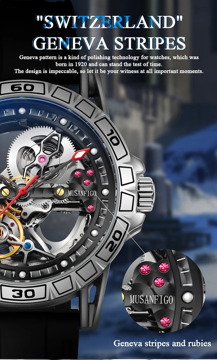 MUSANFIGO hollowed out fully automatic men's watch with mechanical movement, men's night light waterproof trendy watch
