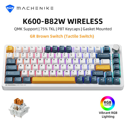 Teclado mecánico Machenike K600-B82W Tri-Modos con montaje gasket, diseño ANSI 75%, retroiluminación RGB y conexión inalámbrica para gaming