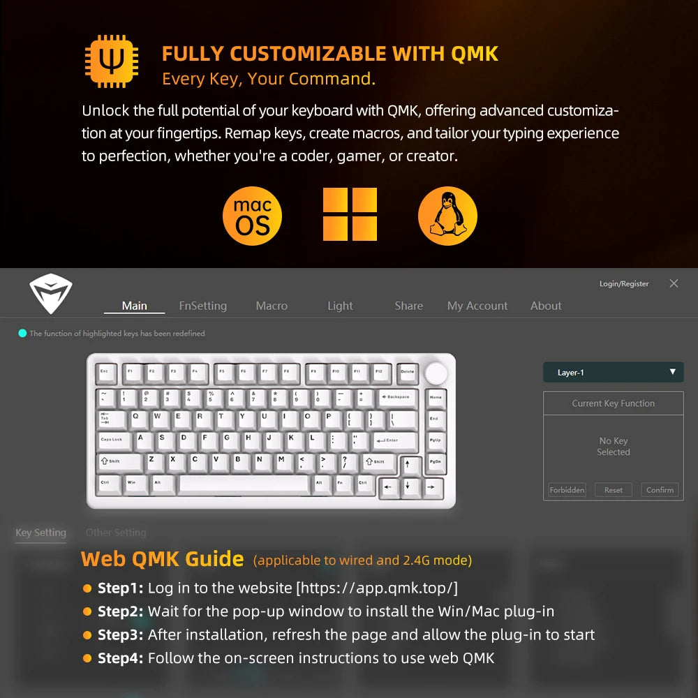 Teclado mecánico Machenike K600-B82W Tri-Modos con montaje gasket, diseño ANSI 75%, retroiluminación RGB y conexión inalámbrica para gaming