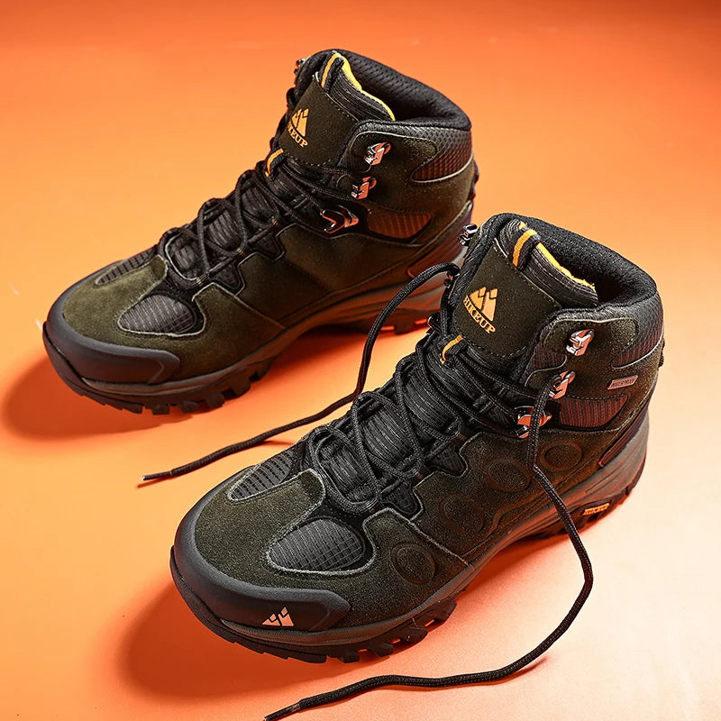 Botas de caminhada de cano alto HIKEUP para homem, calçado de inverno para exterior, com atacadores, antiderrapantes, desportivas casuais para trekking, impermeáveis, em camurça