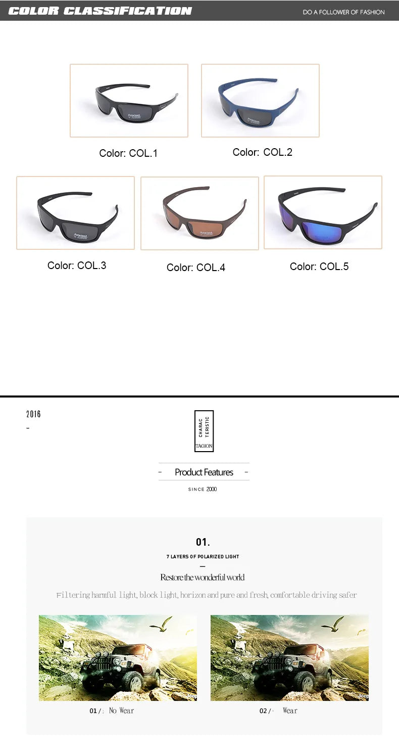 TAGION Sport Sunglasses Men Polarized Hipster Glasses UV400 Hiking Driving Glasses Lentes De Sol Hombre Polarizing Lenses TG5104