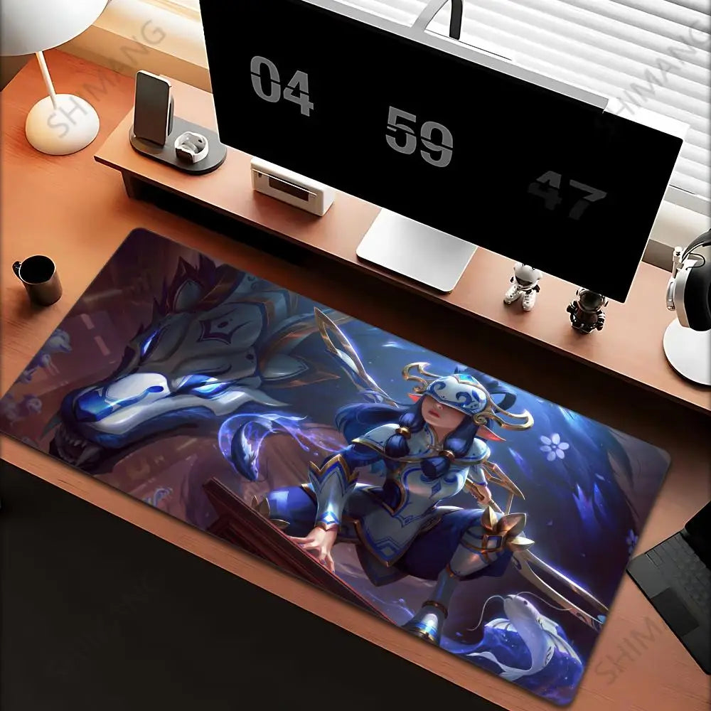 Tapis de souris League of Legends Kindred - Grand tapis de souris gaming - Tapis de bureau pour ordinateur avec motif anime de fille - Accessoires pour ordinateur portable - Tapis de clavier XXL pour gamers