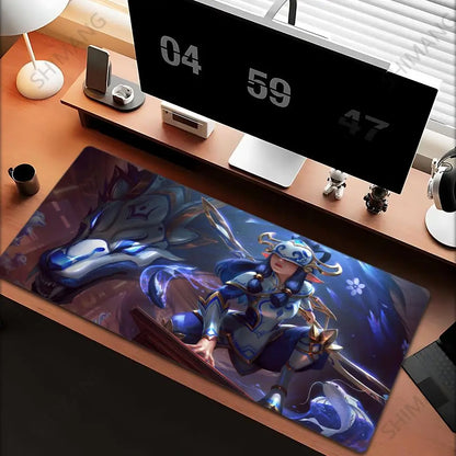 Tapis de souris League of Legends Kindred - Grand tapis de souris gaming - Tapis de bureau pour ordinateur avec motif anime de fille - Accessoires pour ordinateur portable - Tapis de clavier XXL pour gamers