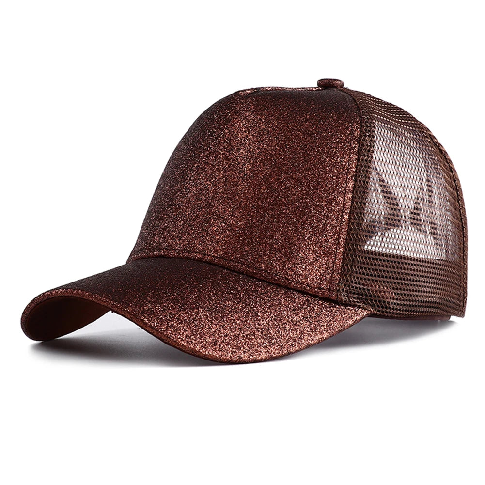 Letnia czapka z daszkiem z brokatem, z wysokim karkiem, damska czapka typu snapback, czapki typu trucker z siateczką w kolorach czarnym, białym i różowym dla kobiet Gorra