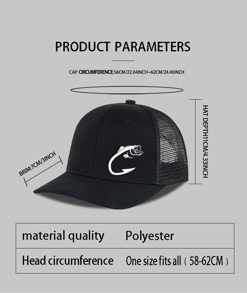 Bass Fish Hook Print Trucker Hat Adjustable Unisex Mesh Fishing Fan Sun Hat
