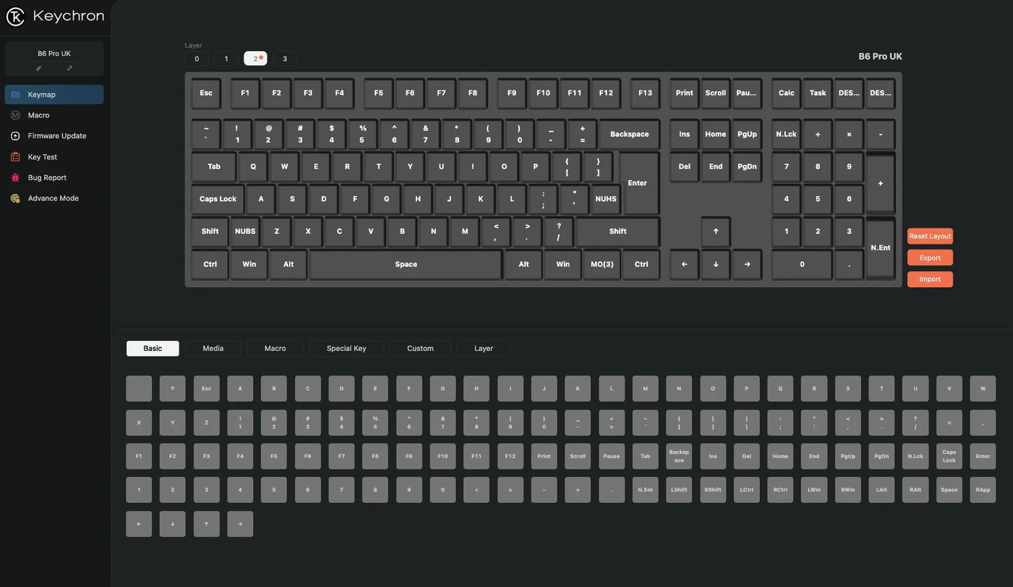 Tastiera wireless ultra-sottile Keychron B6 Pro layout ISO, formato completo, portatile e leggera, con connessioni 2.4GHz e Bluetooth