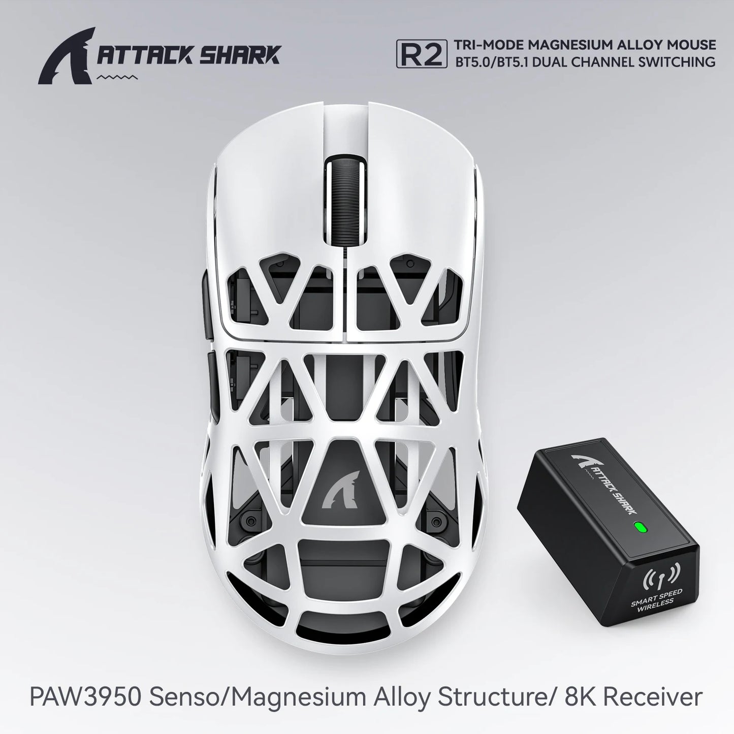 Bezprzewodowa mysz gamingowa Attack Shark R2 PAW3950 8K ze stopu magnezu, lekka mysz gamingowa Bluetooth Tri-Mode do gier/biura