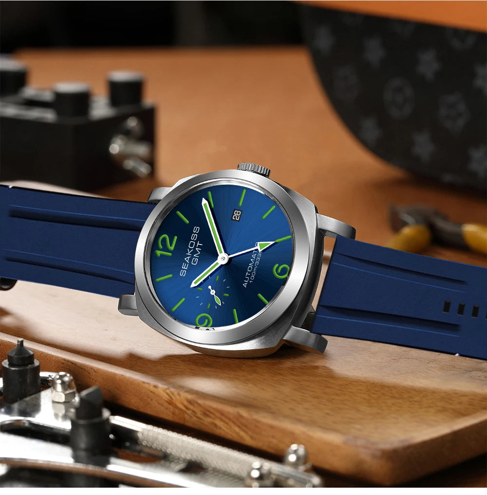 SEAKOSS 45mm Diving GMT Watch Automatic Mechanical Wristwatches Seagull ST2557 Movement 100M Luminous Calendar Men's Watches