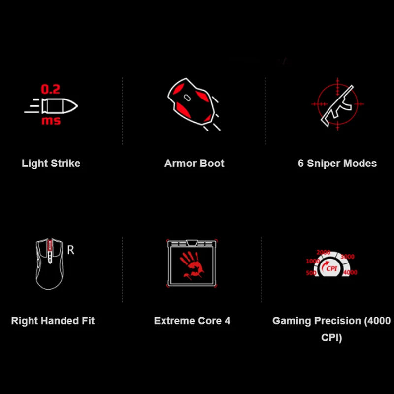A4TECH Bloody A91 Gaming Mouse,4000 DPI,Drag Click,1000HZ,6666FPS,8 Buttons,Metal X' Glide Armor Boot,Over 20 million clicks