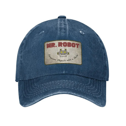 Computer with Sourires Anime Funny Mr Robot Custom Retro Cowboy Washed Baseball Caps for Men Denim Sun Hat Hip Hop Cap