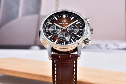 Relógio de luxo para homem Benyar – Cronógrafo com data, bracelete em pele, estanque, luminescente, estilo desportivo e militar, relógio de quartzo