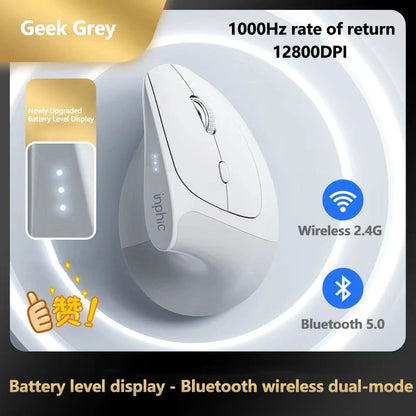 Inphic X9 PRO Vertical Wireless Mouse, Ergonomic Silent Bluetooth & 2.4G Rechargeable Mouse with Type-C Fast Charging, 12800 DPI for Laptop, PC & Gaming