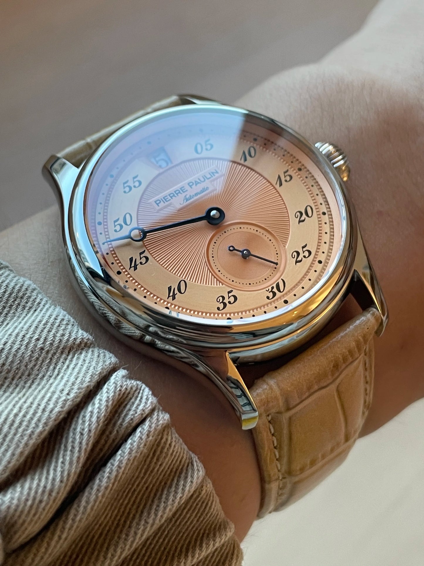 42mm PIERRE PAULIN Jumping Hour Watch Men's Salmon Dial Sapphire Watch For Men Automatic Mechanical Wristwatch Relogio Masculino
