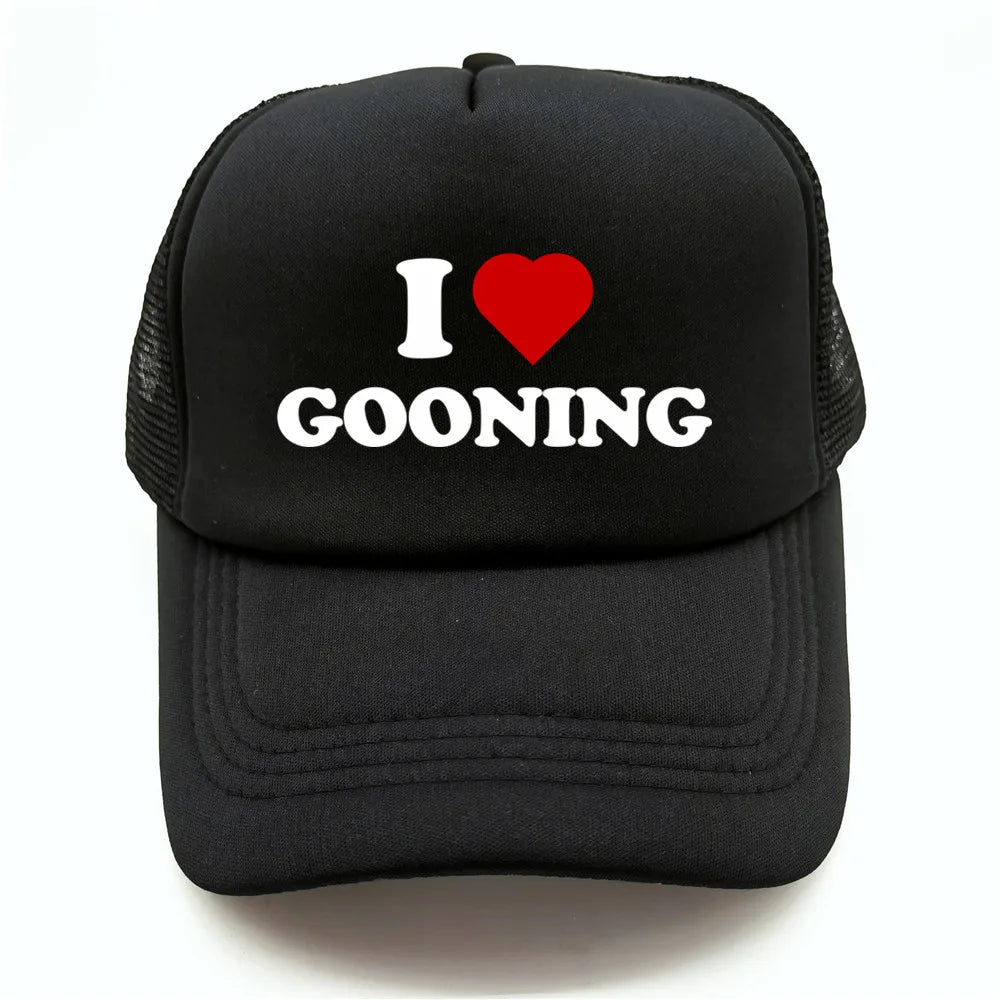 Juokingos „I Love Gooning“ beisbolo kepurės. Šaunios vasarinės vyriškos tinklinės kepurės. Humoro kupinos „Trucker“ stiliaus kepurės. Unisex lauko tinklinės kepurės MZ-080
