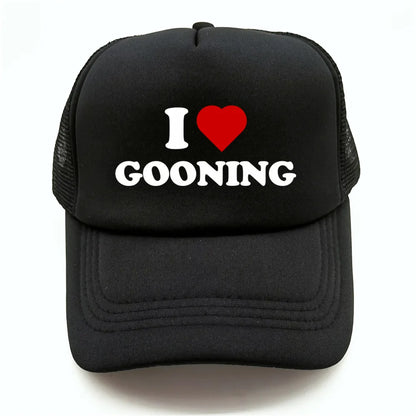 Juokingos „I Love Gooning“ beisbolo kepurės. Šaunios vasarinės vyriškos tinklinės kepurės. Humoro kupinos „Trucker“ stiliaus kepurės. Unisex lauko tinklinės kepurės MZ-080