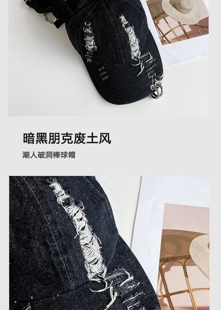 Niche Y2k Rabbit Ears Denim Ripped Baseball Cap Men and Women Dark Personality Metal Ring Street Trend Adjustable Sports Hat