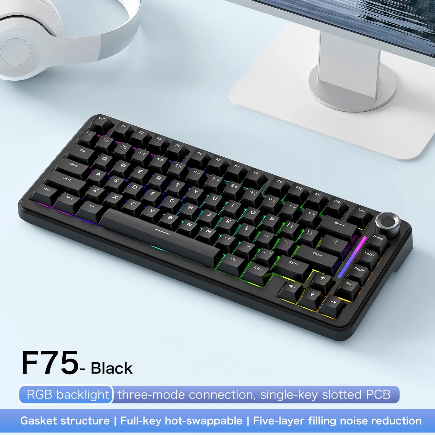 Teclado mecânico F75 FREEWOLF * AULA F75 Bluetooth de três modos, dedicado a gaming e utilização em escritório