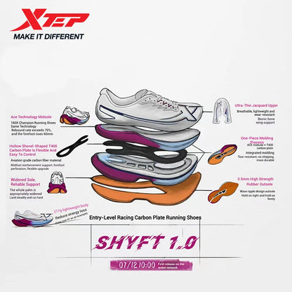 Xtep Shyft 1.0 profesionalne muške tenisice za trčanje za ljetni maraton s karbonskom pločom za apsorpciju udaraca, natjecateljske tenisice 875319110083