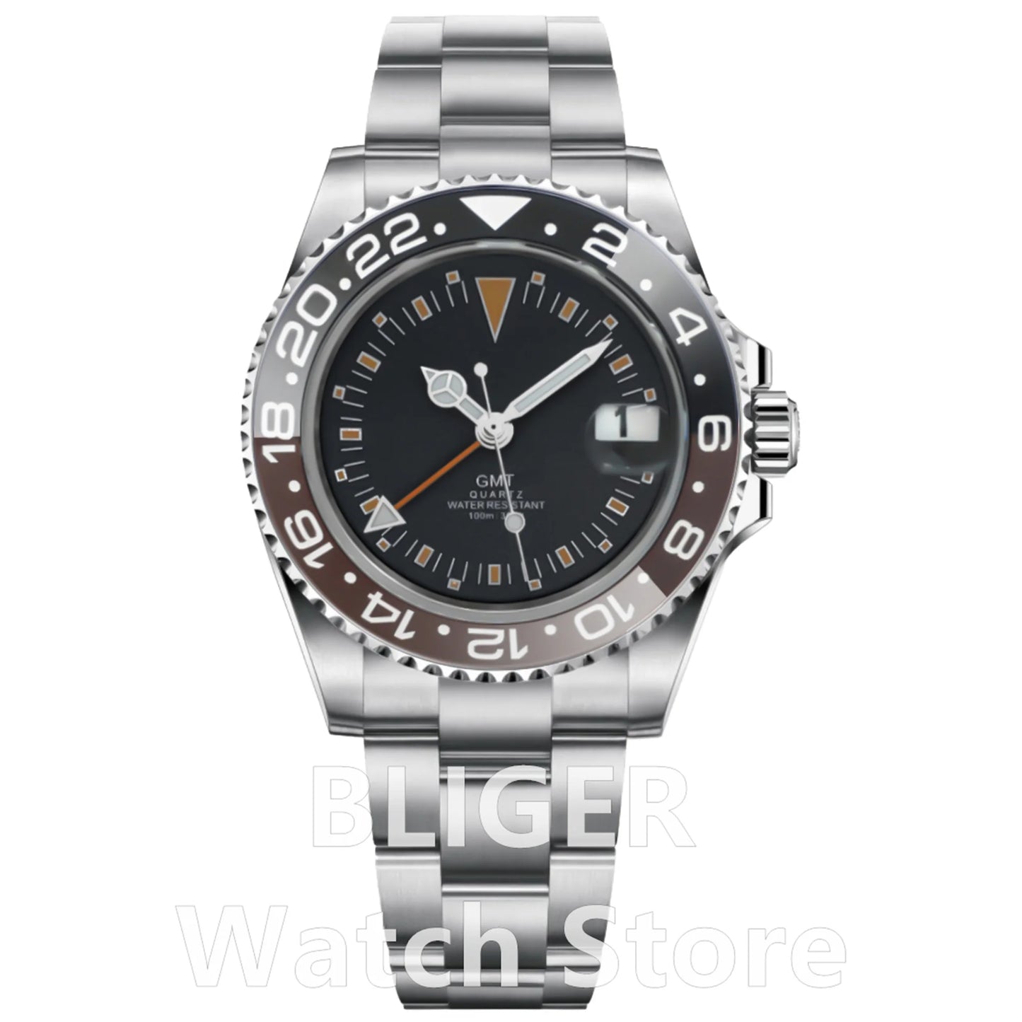 BLIGER 40mm 515 24H GMT Men's Watch Stainless Steel Clasp Luminous Quartz Movement Ceramic Bezel Sapphire Glass 10Bar Waterproof