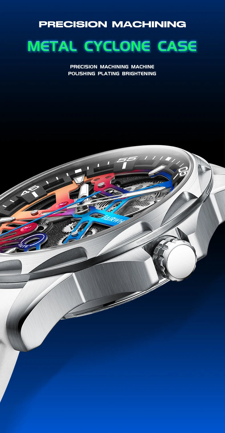 Brand Mark Fairwhale Sports Automatic Watch For Men Fashion Stainless Steel Rainbow Dial Mechanical Wristwatch Man Free Shipping