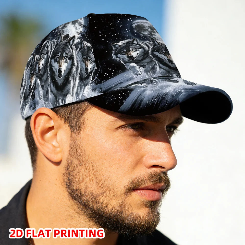 Boné de baseball clássico com estampado plano 2D de lobos sob a lua cheia, chapéu leve ajustável com pala estilo duckbill