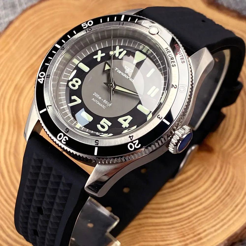 Tandorio Waterproof Watch Men Dome Sapphire Crystal Roman Numbers 120 Clicks Bezel NH35A/Miyota 8215 Movt Silicone Grey Dial