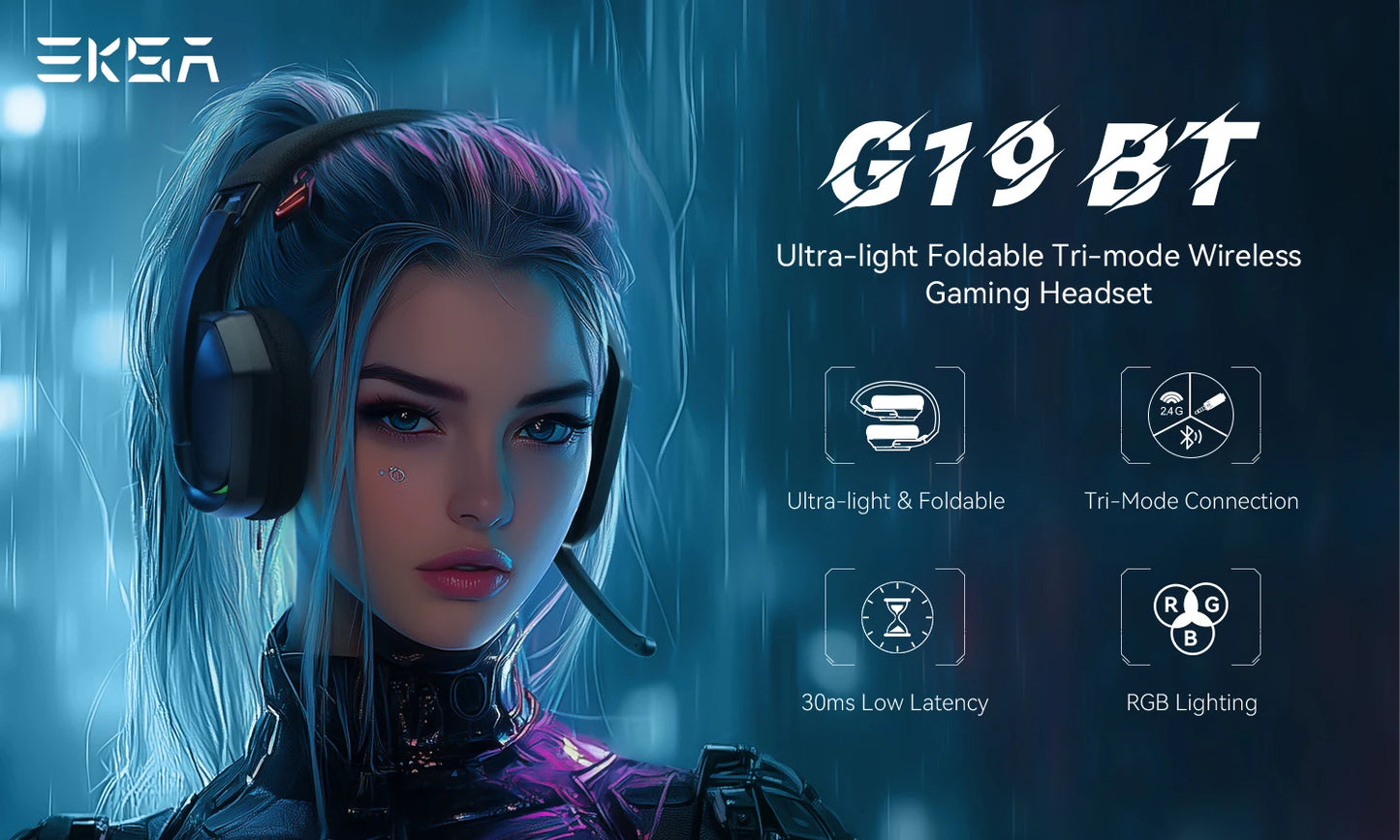 Auriculares gaming inalámbricos trimodo EKSA G19BT – Bluetooth 5.4, auriculares gaming 2.4GHz de baja latencia con micrófono para PC, PS5, Xbox