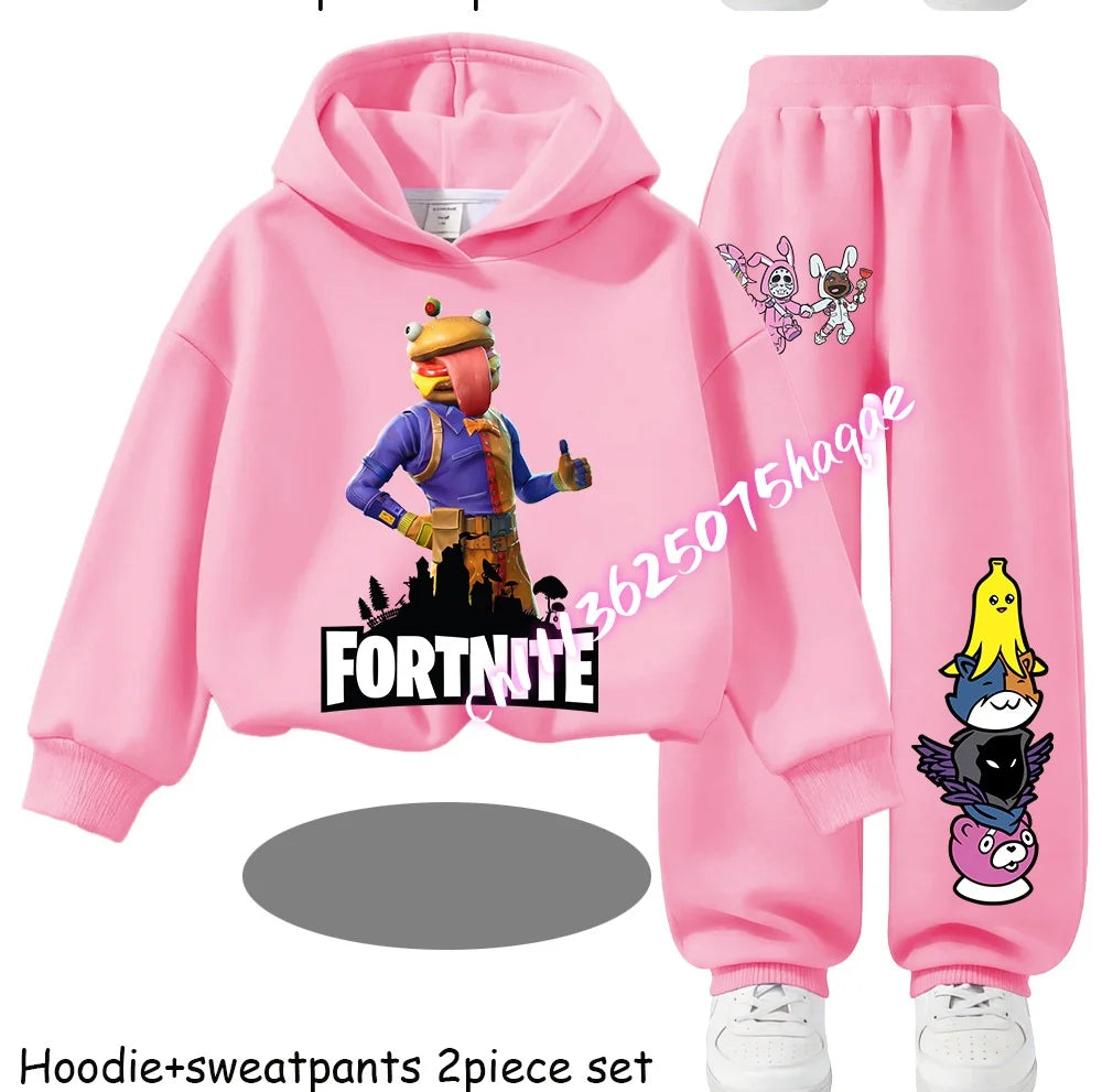 Fortnite Kids Spring and Autumn Long-Sleeved Pants Children's Hooded Sweatshirt Set Game Cartoon Print Boys' Sport Shirt