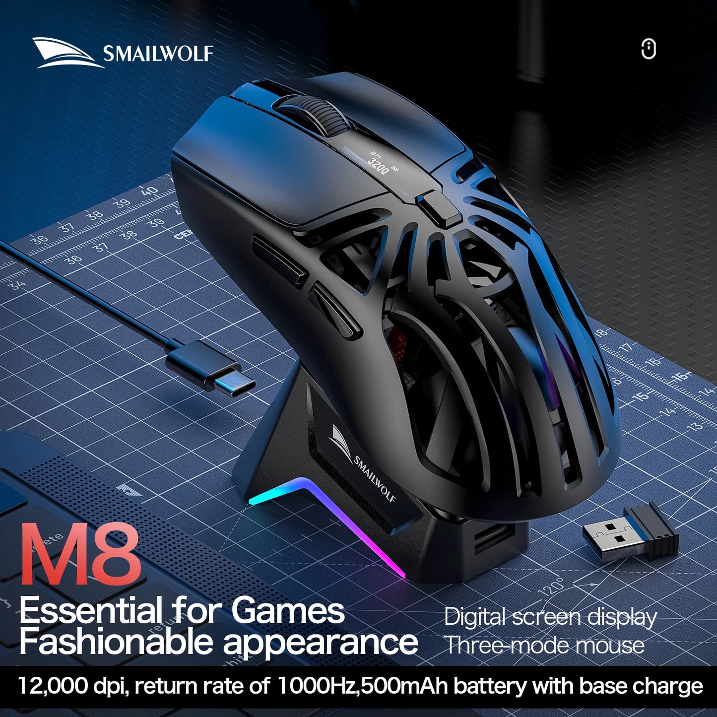 SMAILWOLF M8 Wireless Bluetooth Tri-Mode Mouse Lightweight PAW3311 Gaming RGB Magnetic Charging 12000dpi Gaming Mouse