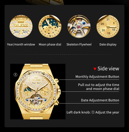 OLEVS 9805 Mens Watch Original Brand Tourbillon Automatic Mechanical Watch Diamond Dial Waterproof Moon Phase Watches For Men