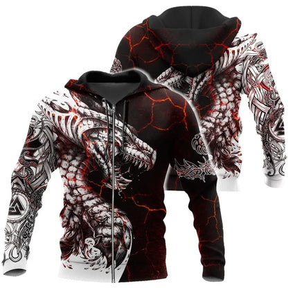 Pánská mikina s kapucí Black & White Tattoo Dragon s 3D potiskem, unisex streetwear, na zip, ležérní bunda, tepláková souprava KJ0192