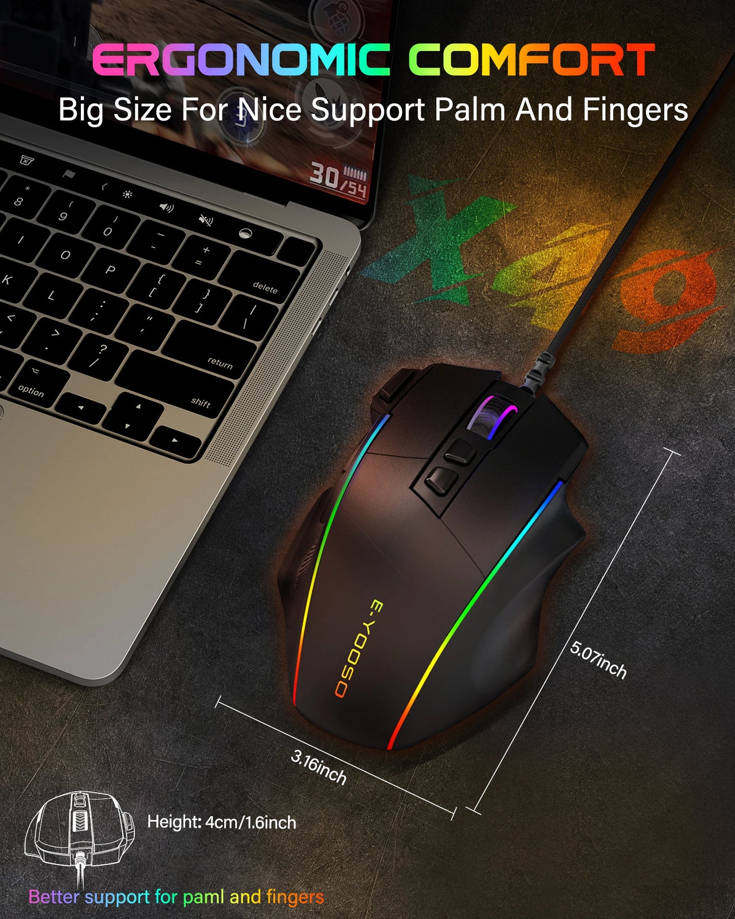E-YOOSO X49 laidinė žaidimų pelė, reguliuojamas 12400 DPI jautrumas, RGB apšvietimas, 8 programuojami mygtukai, ergonomiška žaidimų pelė PC ir nešiojamajam kompiuteriui