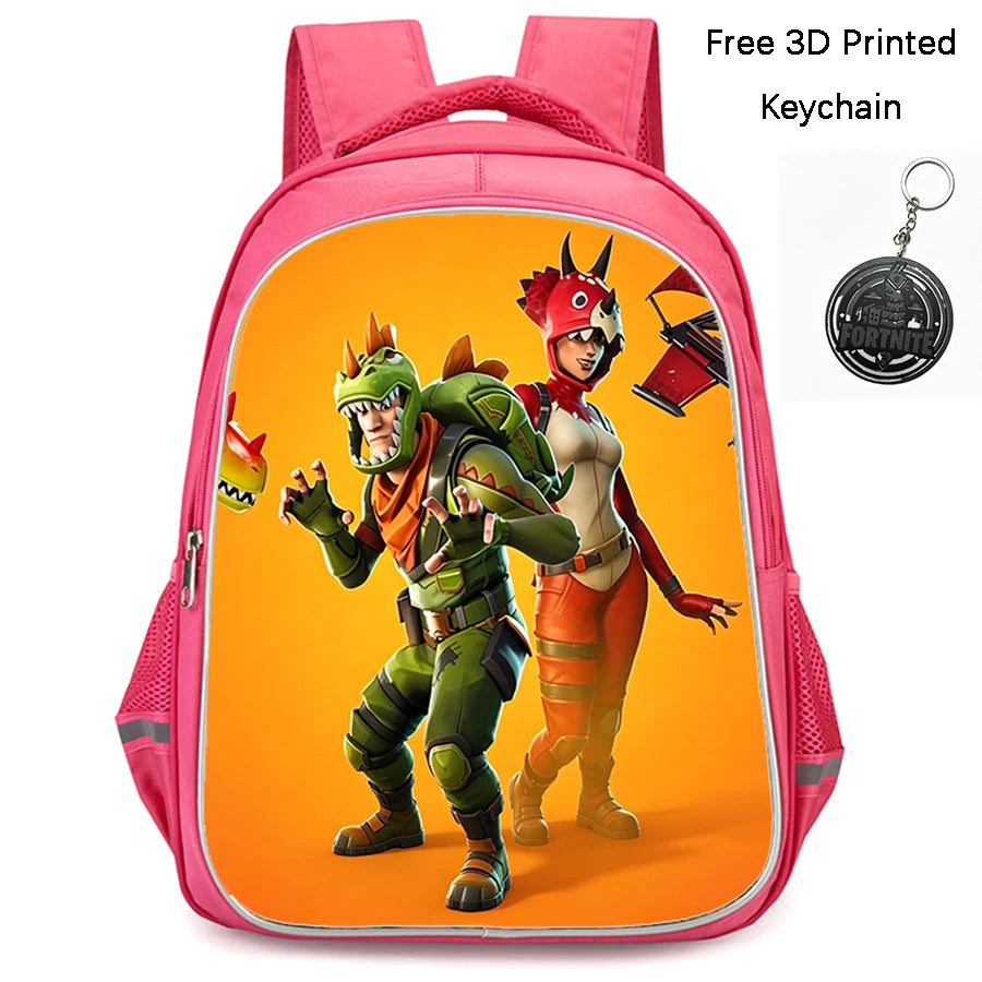 FORTNITE 16-inch Durable Lightweight Backpack, Dual Zipper Pockets, Cartoon Style for Boys & Girls 6-10,Free 3D Printed Keychain