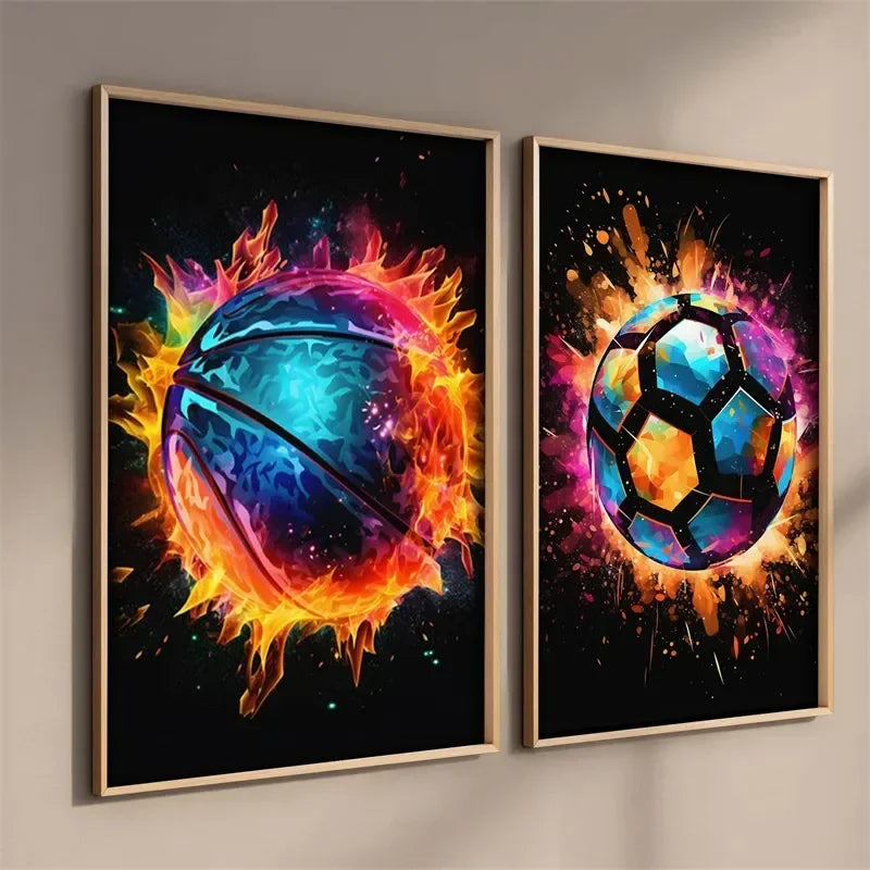 Póster Néon de Personagem de Videojogo com Gamepad, Auscultadores, Futebol e Basquetebol em Tela — Arte de Parede para Decoração de Quarto Gaming