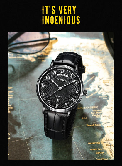 OCHSTIN Day Date Gents Watches 2025 Gift for Men Automatic Mechanical Business Wristwatches 40mm Analog Male Clock Leather Strap