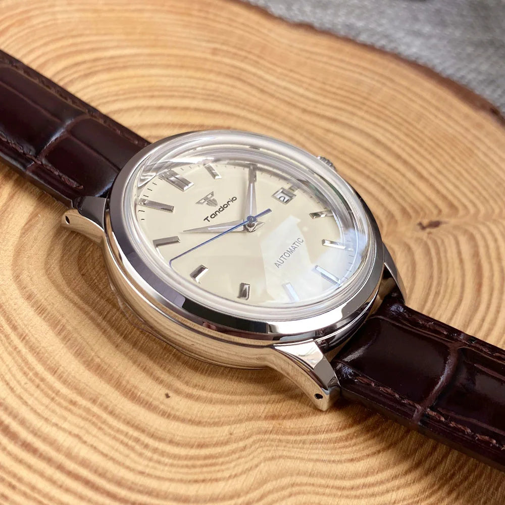 Tandorio 40mm Japanese NH35 Automatic 200M Diving Watch Men Beige Dial Bubble Sapphire Polished Case Glass Back Screw Crown