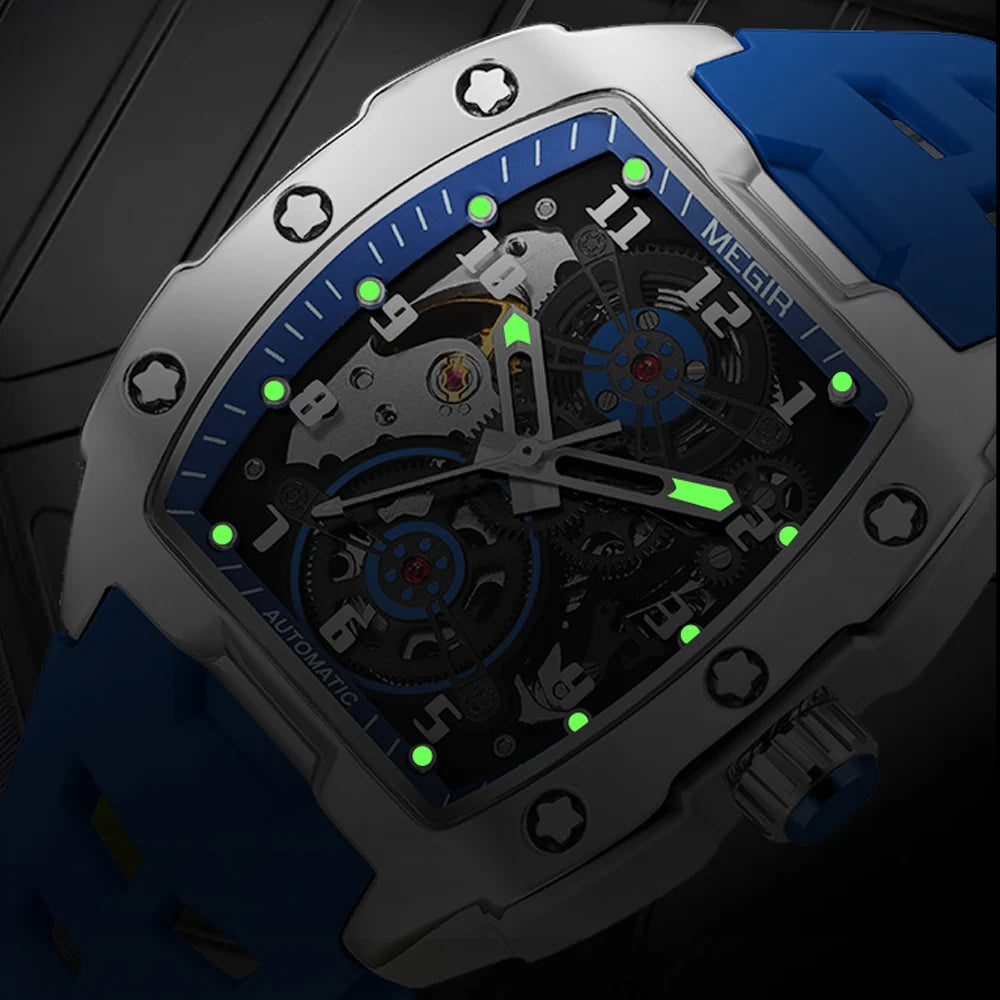 MEGIR Fashion Sport Alloy Case Men Mechanics Watch Waterproof Silicone Band Barrel Shaped Dial Luminous Pointer Man Wristwatches