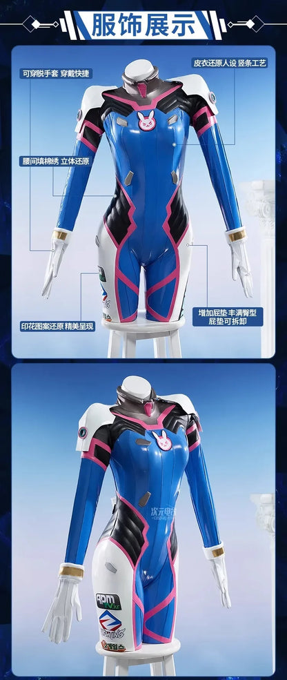 Game Overwatch Dva Song Hana Cosplay Costume Women Cute Elasticity Leather Jumpsuit Zentai Suit Halloween Carnival Party Clothes